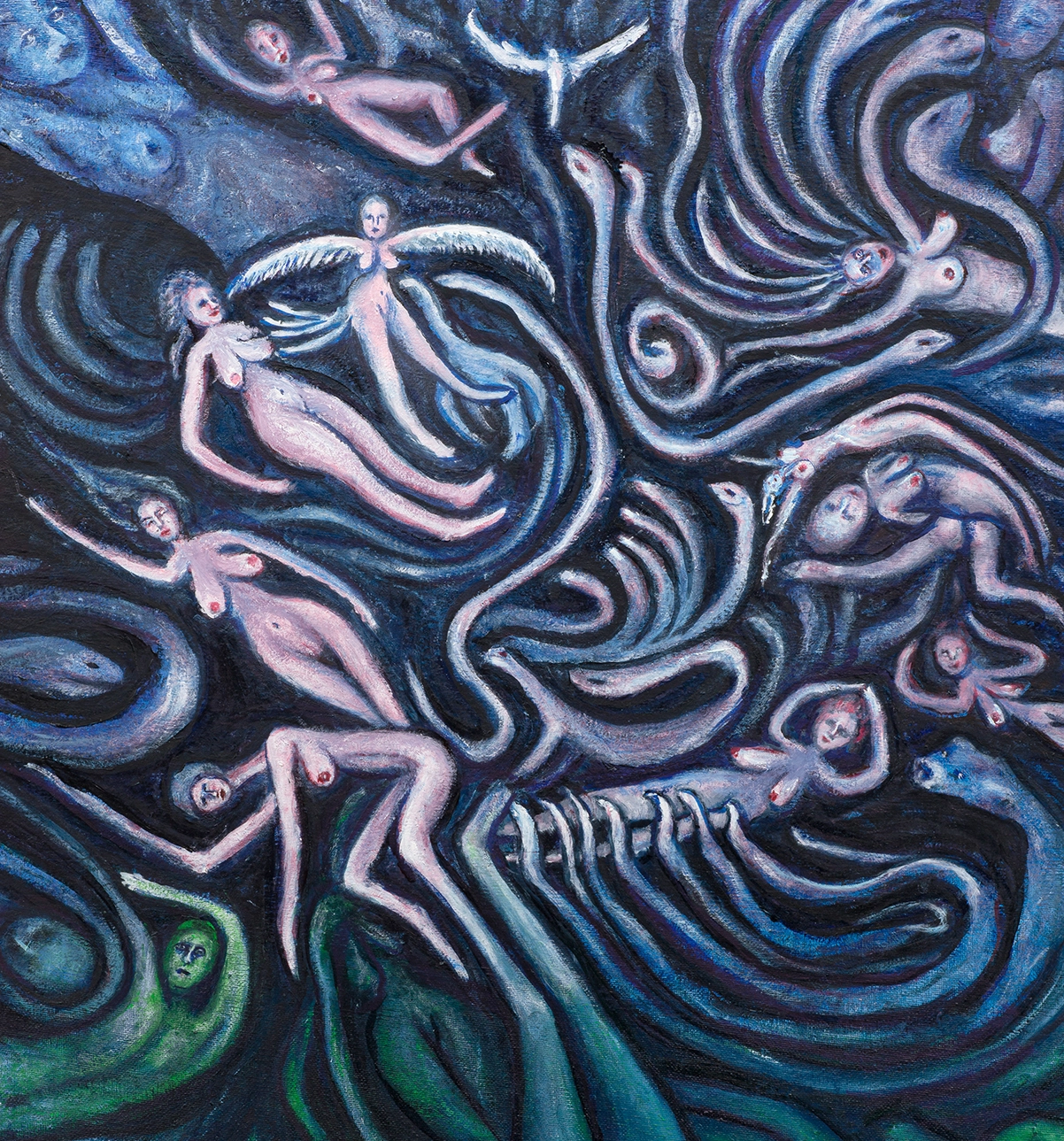 A painting of people swimming in the ocean.