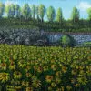 A painting of a field with yellow flowers