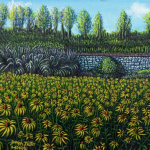 A painting of a field with yellow flowers