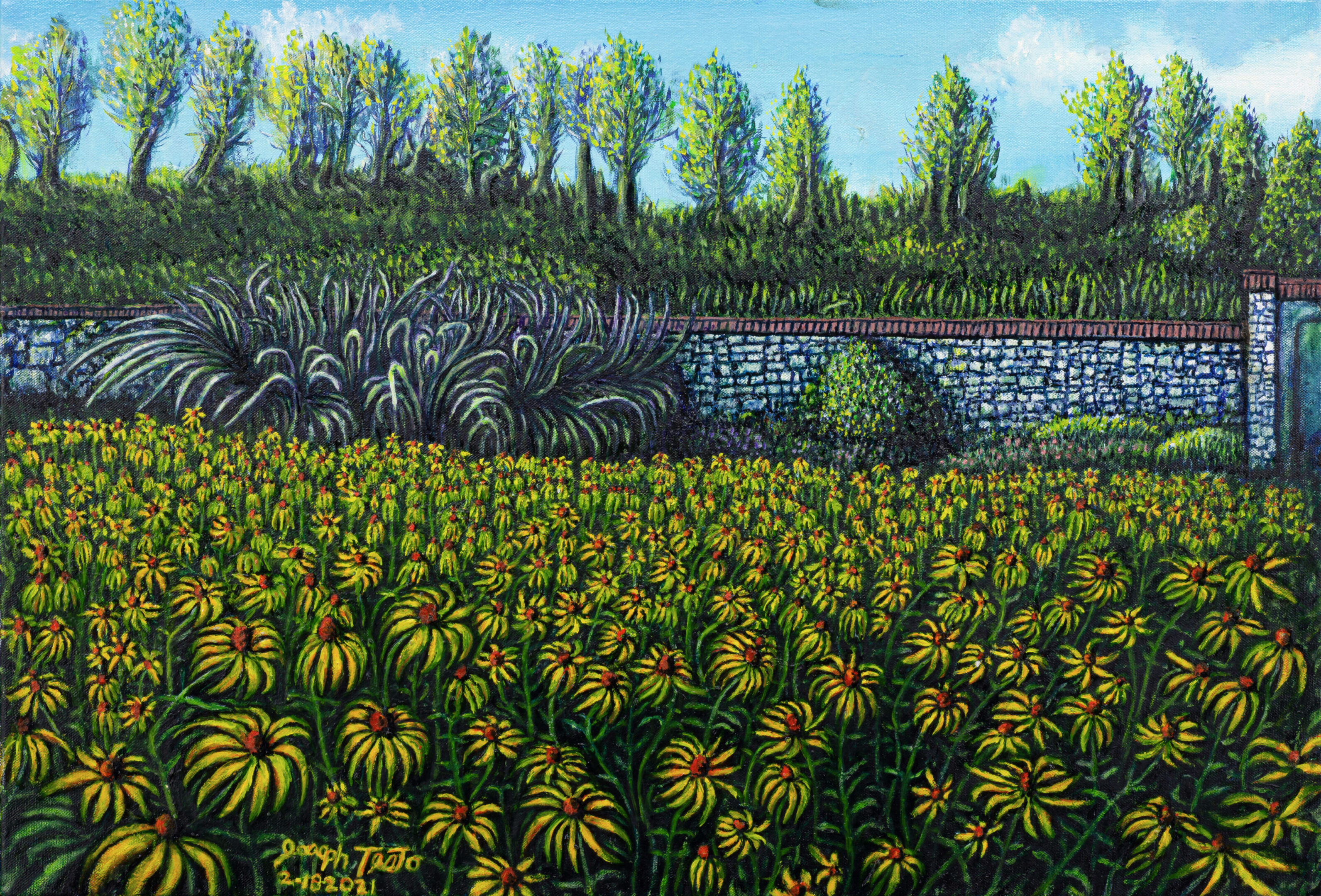 A painting of a field with yellow flowers