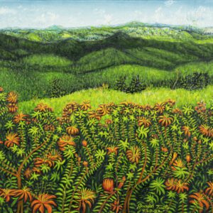 A painting of green hills and orange flowers