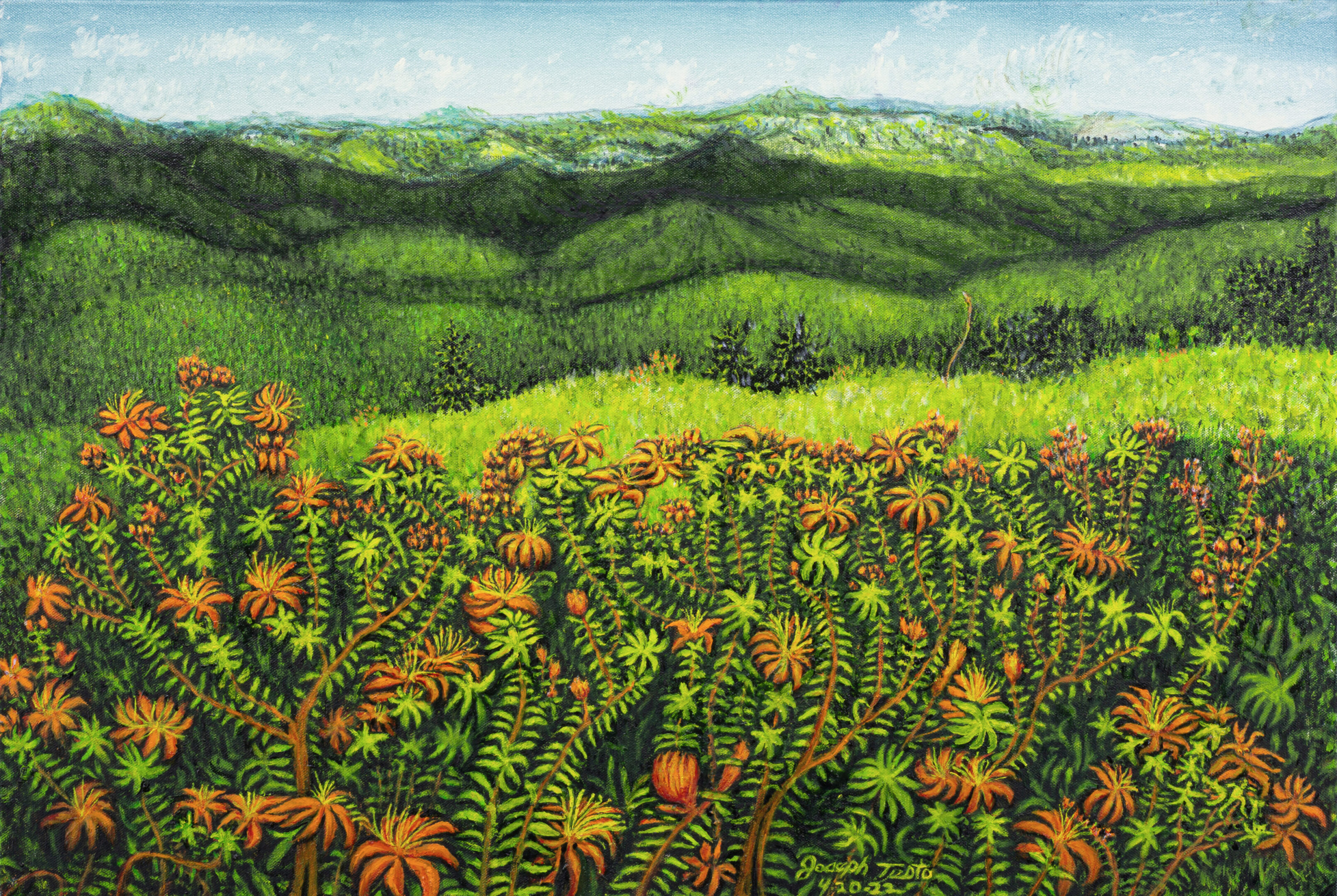 A painting of green hills and orange flowers