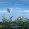 A painting of butterflies flying over the flowers.