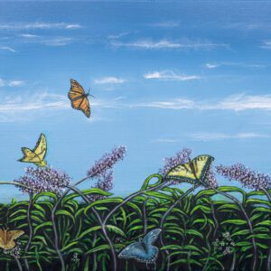 A painting of butterflies flying over the flowers.