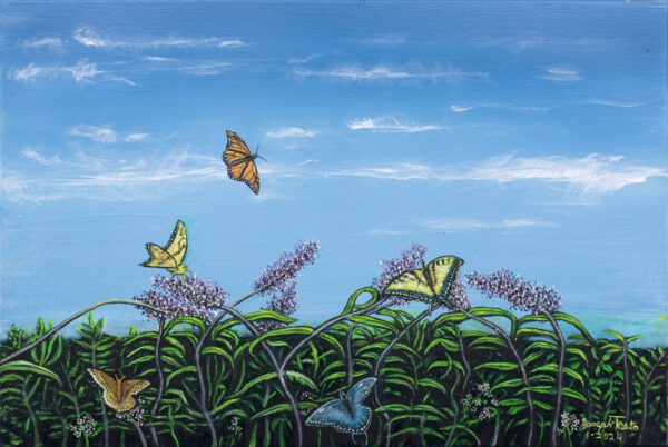 A painting of butterflies flying over the flowers.