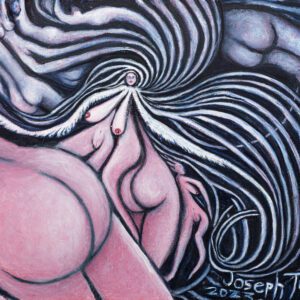 A painting of a woman 's back and breast