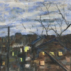 A painting of a city with trees and buildings