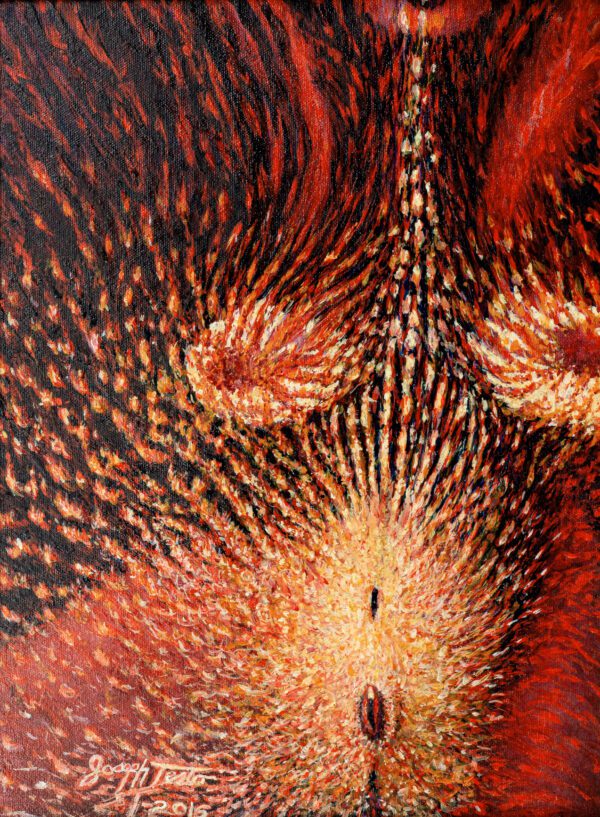 A close up of the fire and flames on a painting