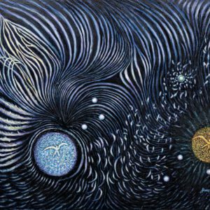 A painting of the sun and moon in space.