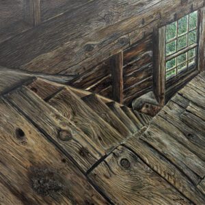 A painting of a wooden staircase with a window.
