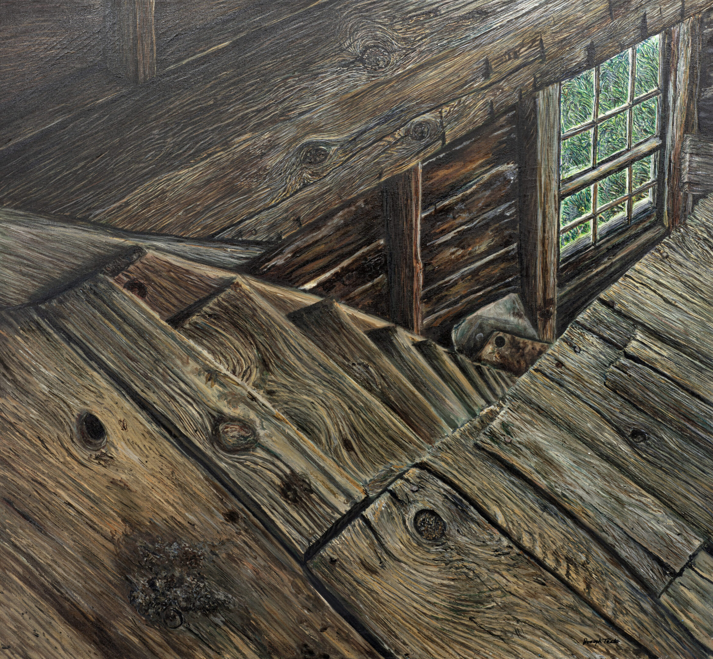 A painting of a wooden staircase with a window.