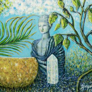 A painting of a person holding a crystal