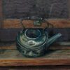A painting of an old tea pot on the counter.