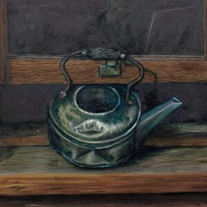 A painting of an old tea pot on the counter.