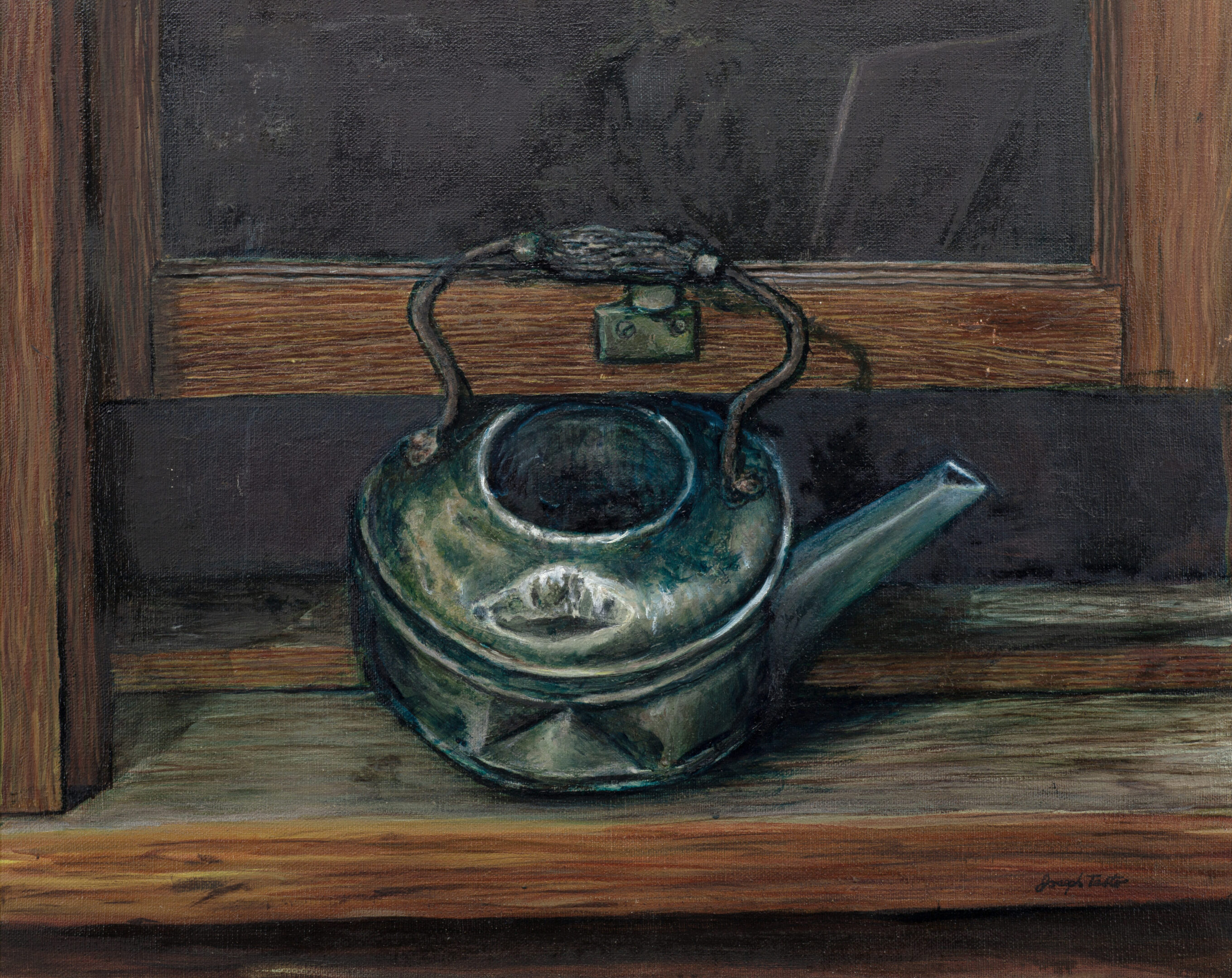 A painting of an old tea pot on the counter.