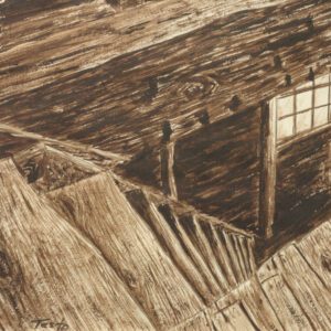 A painting of an old building with wooden floors and walls.