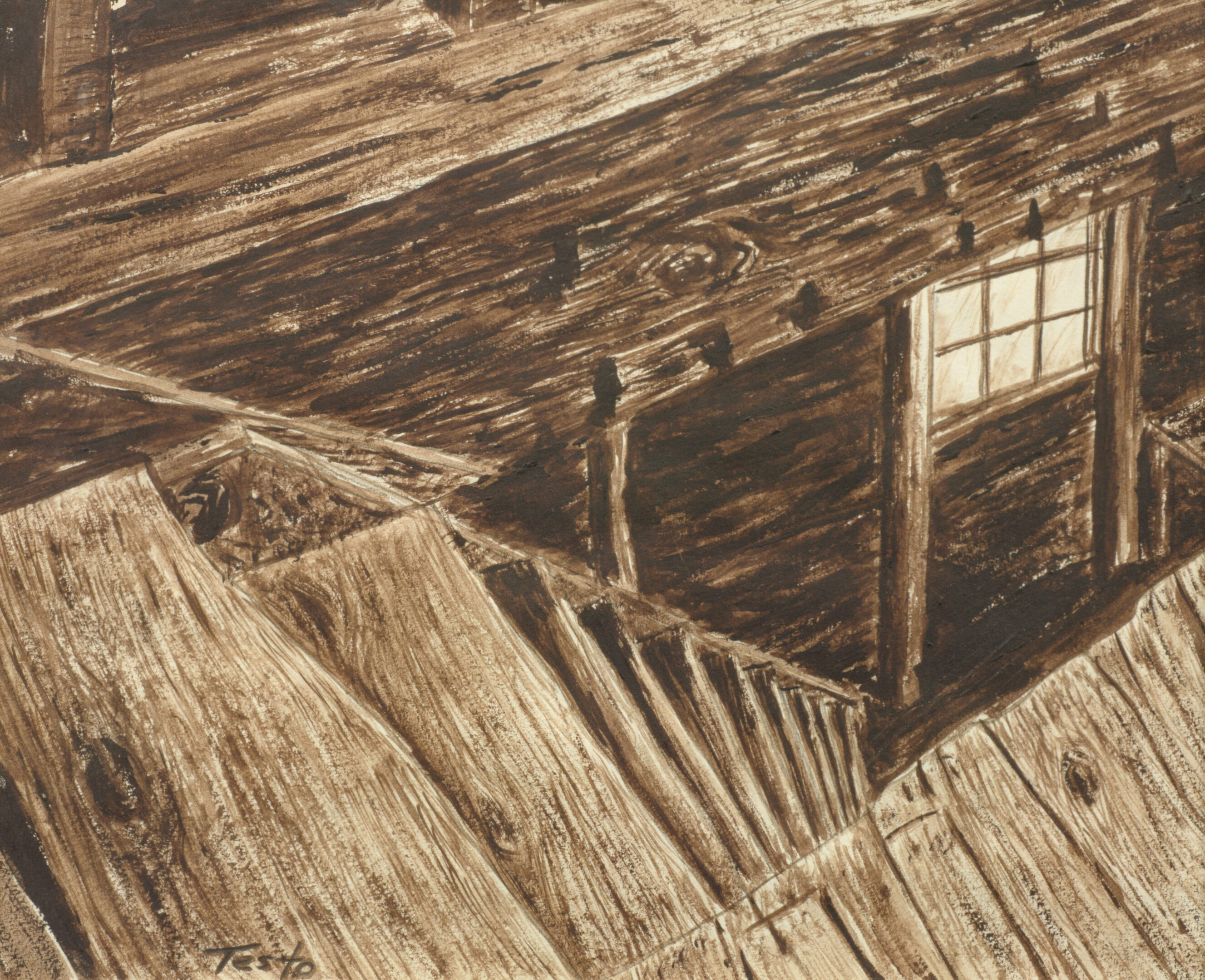 A painting of an old building with wooden floors and walls.