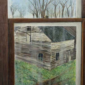 A painting of an old house in the woods.