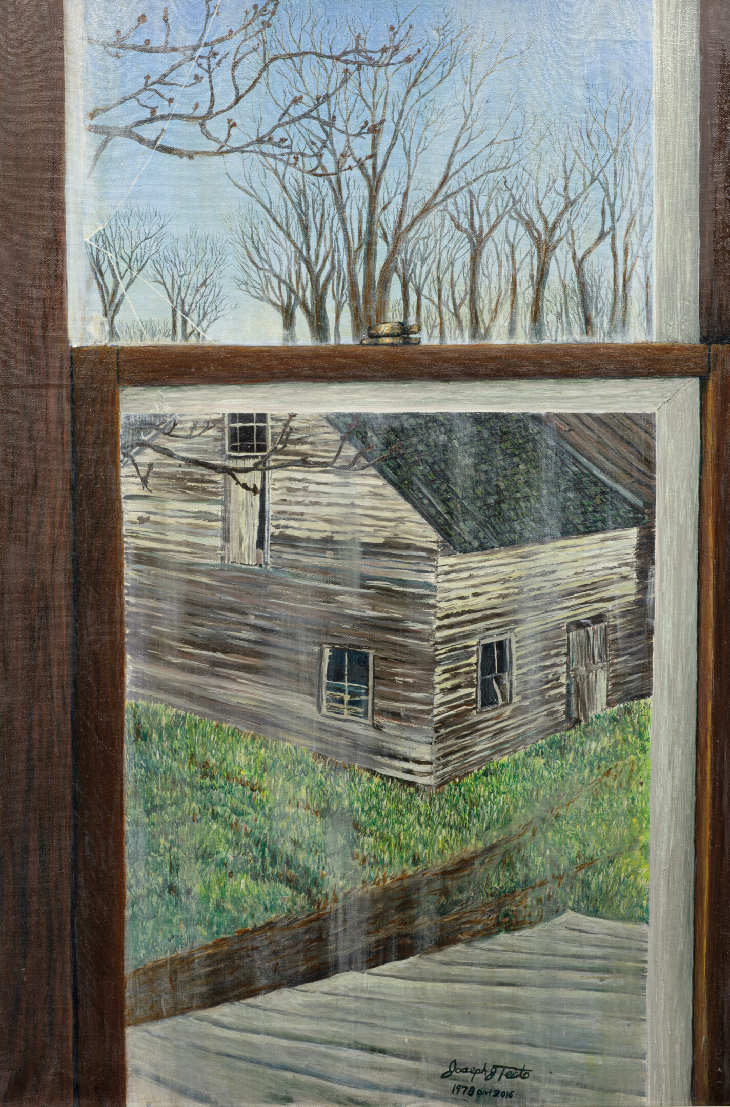 A painting of an old house in the woods.