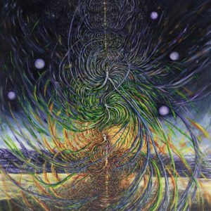 A painting of a tree with many colors