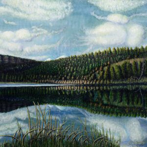 A painting of trees and water in the background