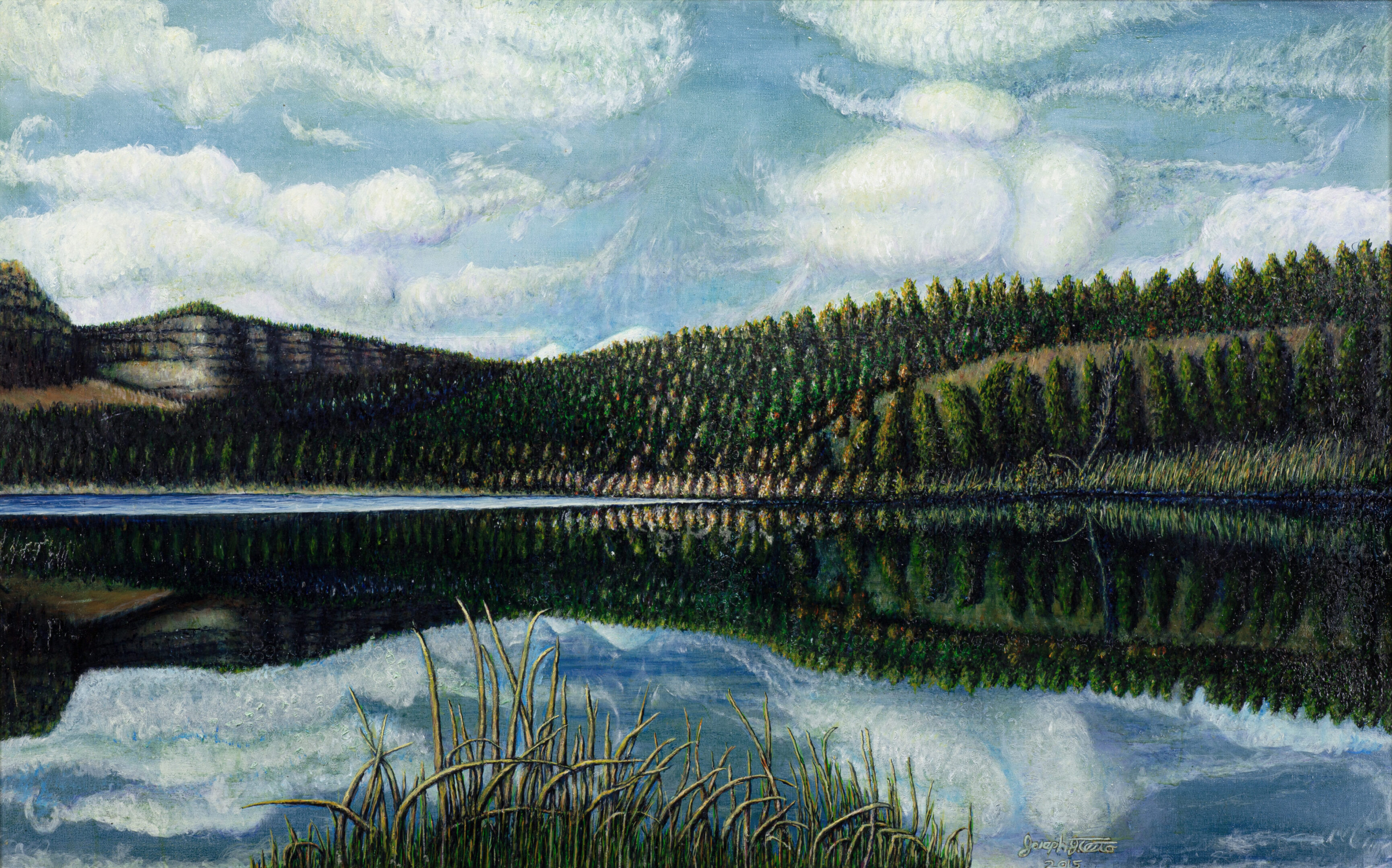 A painting of trees and water in the background