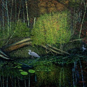 A painting of trees and water with birds