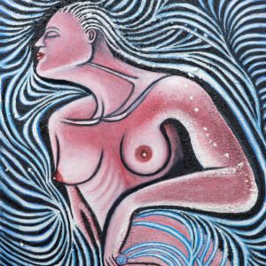 A painting of a woman with breast and hair.