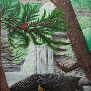 A painting of a waterfall and trees with a bird sitting on the ground.