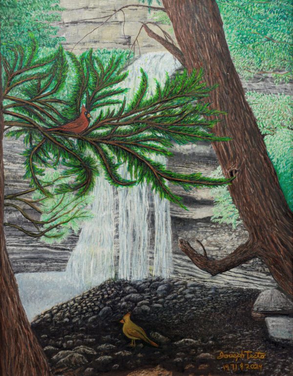 A painting of a waterfall and trees with a bird sitting on the ground.