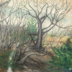 A painting of trees and bushes in the woods.