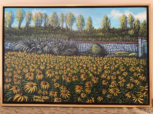 A painting of sunflowers in front of trees.