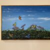 A painting of butterflies flying over the flowers.