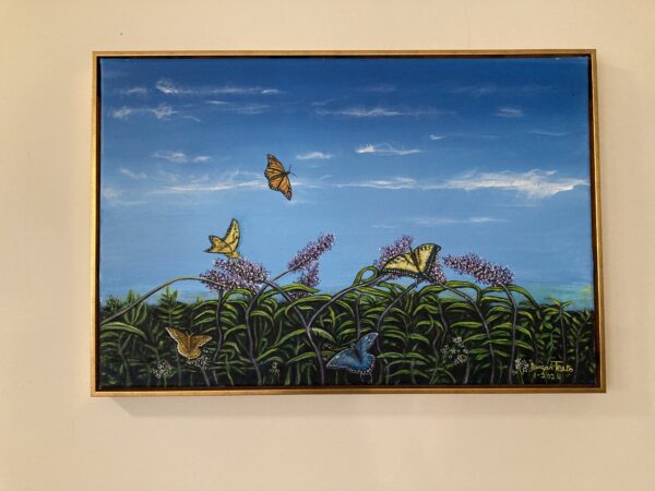 A painting of butterflies flying over the flowers.