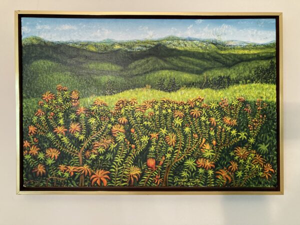 A painting of a field with flowers and trees