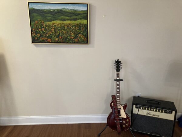 A guitar and a picture on the wall