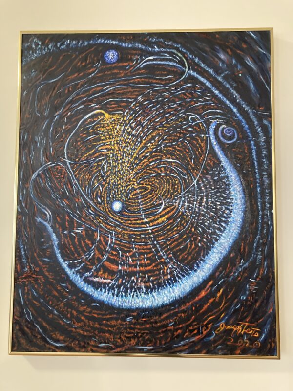 A painting of an abstract design with a few planets in the background.