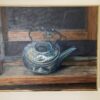A painting of an old tea pot on the counter.