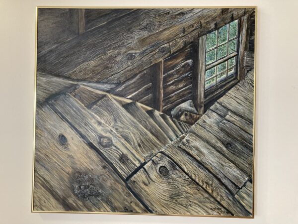 A painting of a cabin with stairs leading to the window.