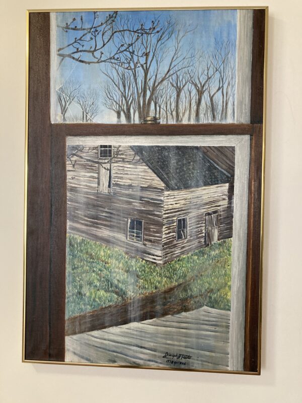 A painting of an old house with trees in the background.