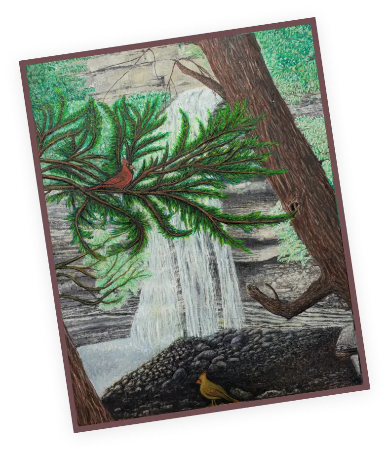 A painting of a bird sitting on the ground near a waterfall.